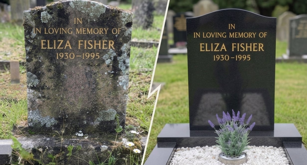A headstone before and after cleaning