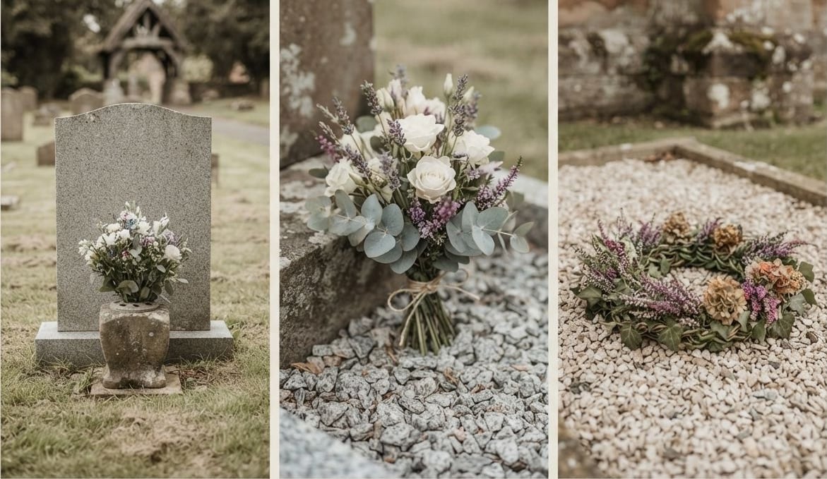 Flower arrangements at a grave: a posy in a stone vase, a bouquet of roses and lavender on chippings, and a heather wreath